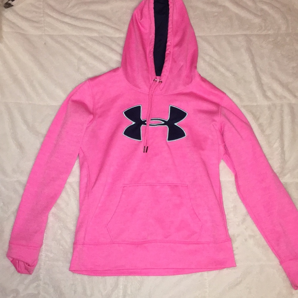 Pink and navy blue under armour sweatshirt.